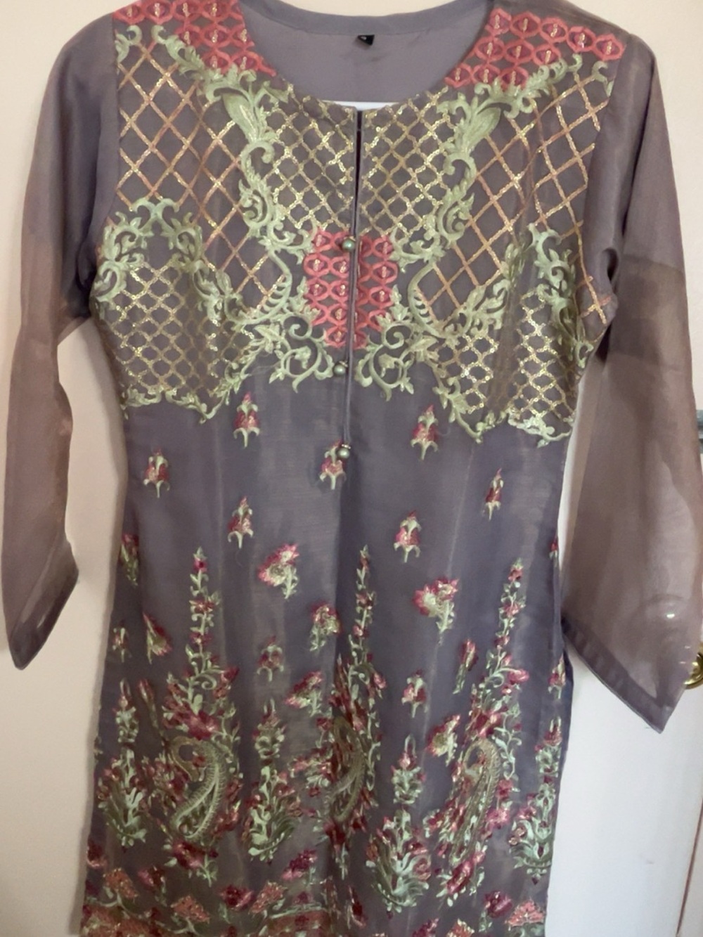 Embroidered Gray Sheer Tunic with Pink & Green Accents